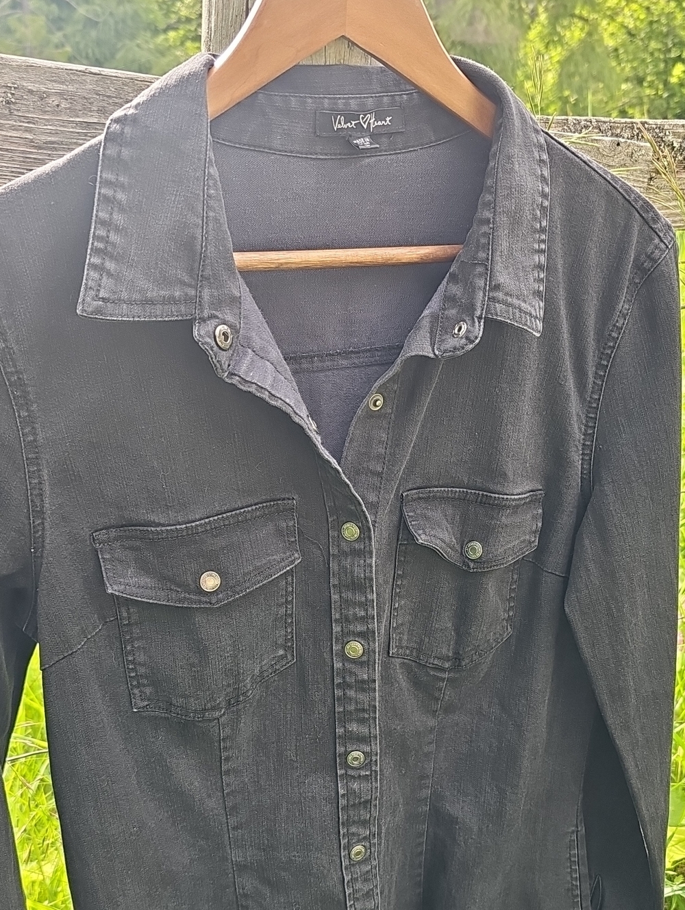 Black Denim Velvet Heart Shirt Dress | Button Front | Long Sleeve | Size L - Picture 5 of 7
